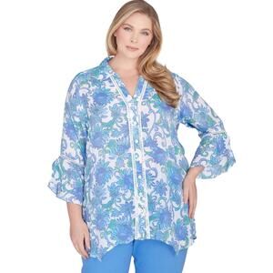 Ruby Rd. Plus Women's Bali Floral Top in Bali Blue Size 2X
